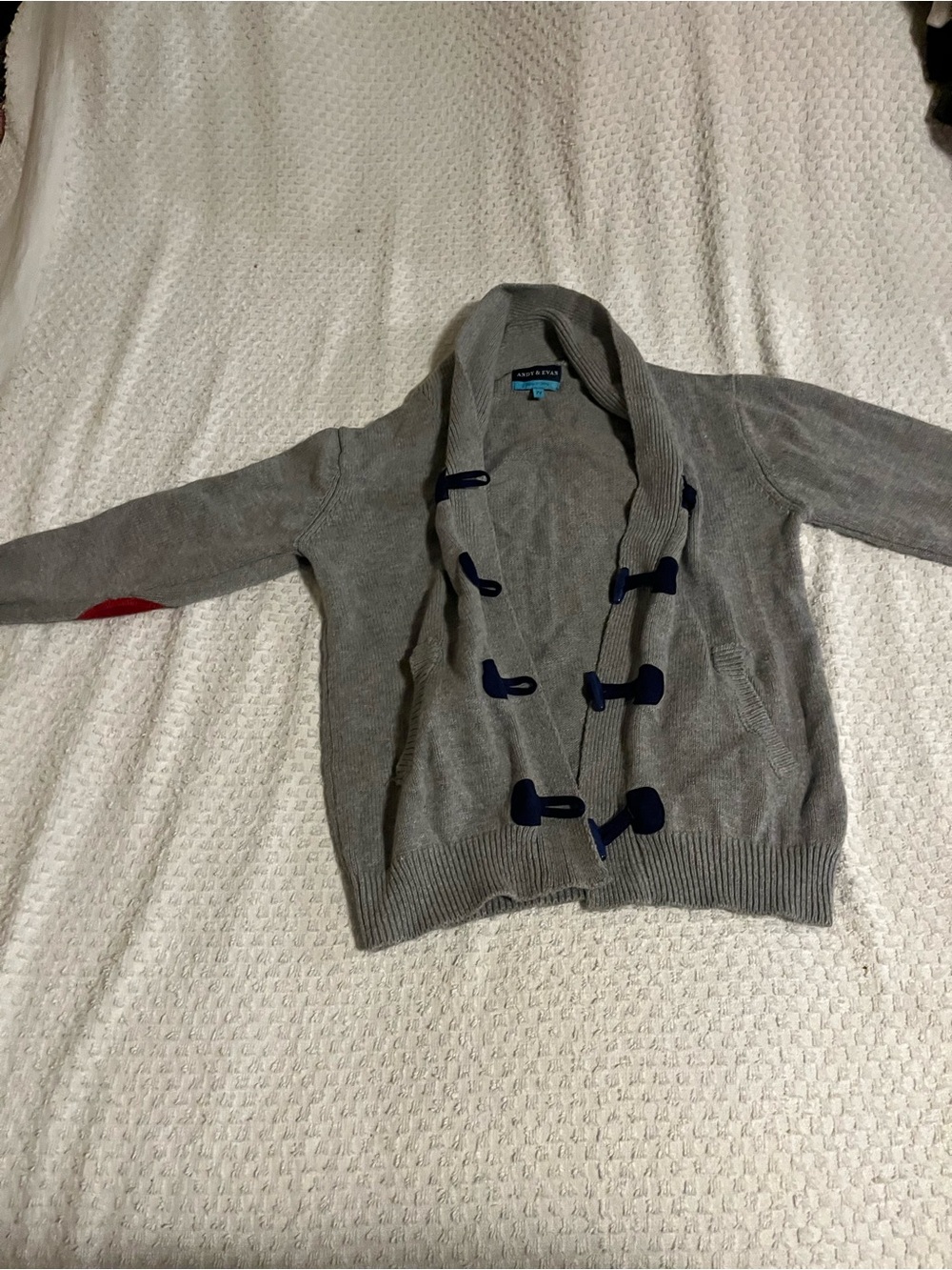 Andy & Evan Grey Shawl Collar Cardigan with Navy Toggles and Red Elbow Patch